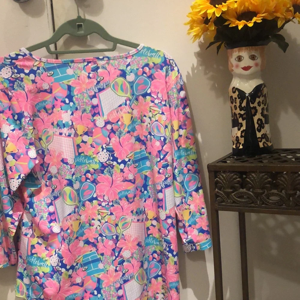 Lulu B. brightly colored pattern w Pickleball theme, rackets, martini glasses - Picture 7 of 8